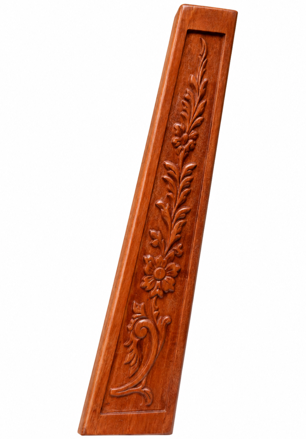A rectangular reddish-brown wooden decorative panel with a carved floral and leaf pattern, shown on a plain white background.