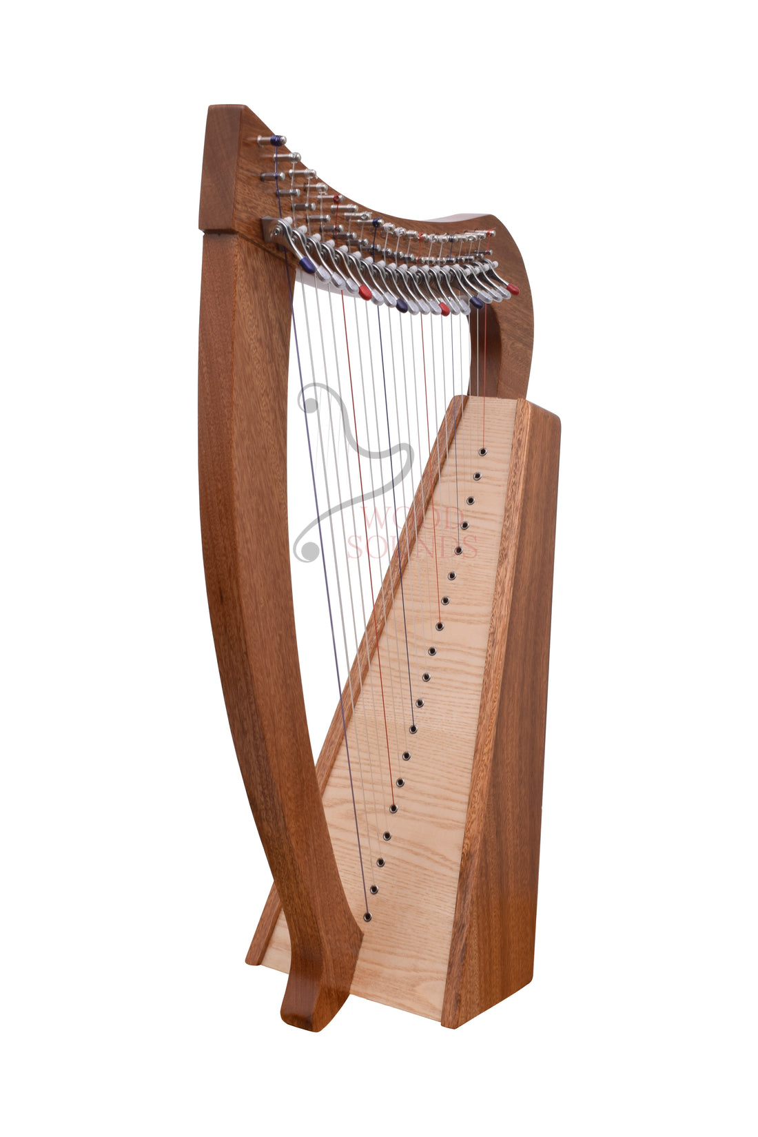 Handmade 19-string mahogany lever harp - front view, beginner Celtic folk harp