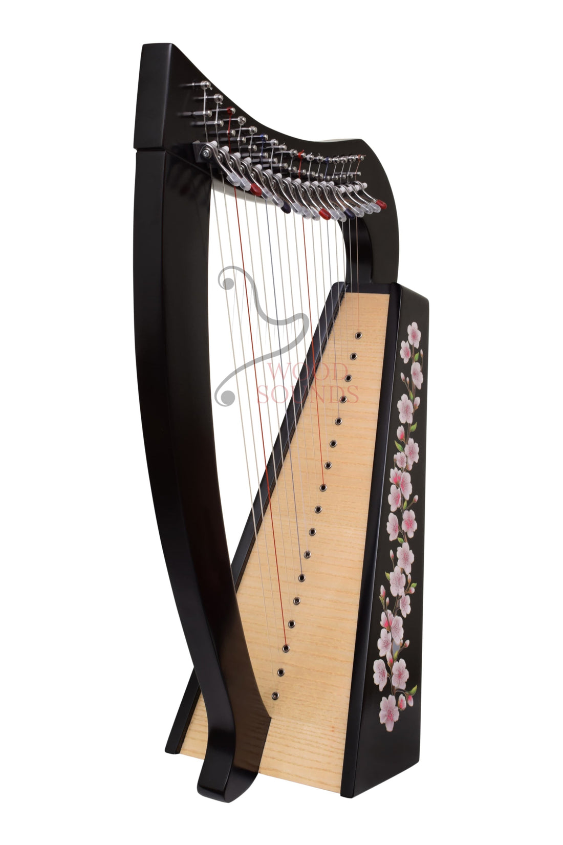 A harp-shaped acoustic guitar with a black wooden frame, natural wood soundboard, and pink cherry blossom floral decoration on the side, shown against a plain white background.