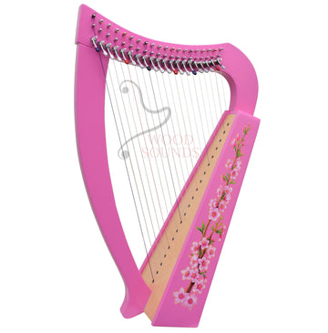 A pink harp-shaped wooden instrument with silver strings, decorated with cherry blossom illustrations on the side panel, shown on a plain white background.